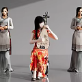 Three Women In Traditional Attire One Playing Pipa In Red Qipao Others In Grey Dresses