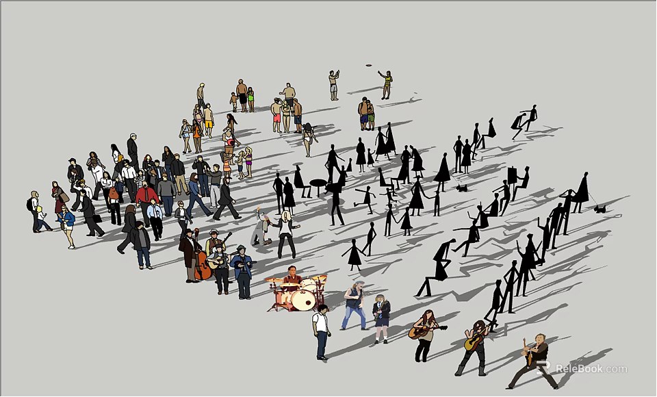 Crowd of People Walking Standing and Playing Musical Instruments in Public Gathering 3d model 