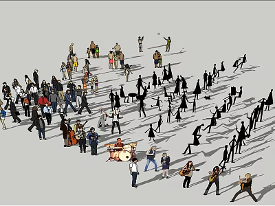 Crowd of People Walking Standing and Playing Musical Instruments in Public Gathering 3d model