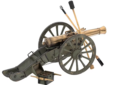 Antique Military Cannon Weapon with Brass Barrel Large Wooden Wheels and Vintage Structure 3d model