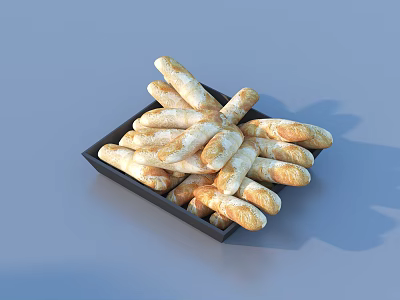 Delicious Fresh Golden Breadsticks Neatly Arranged in Black Tray on Blue Background 3d model