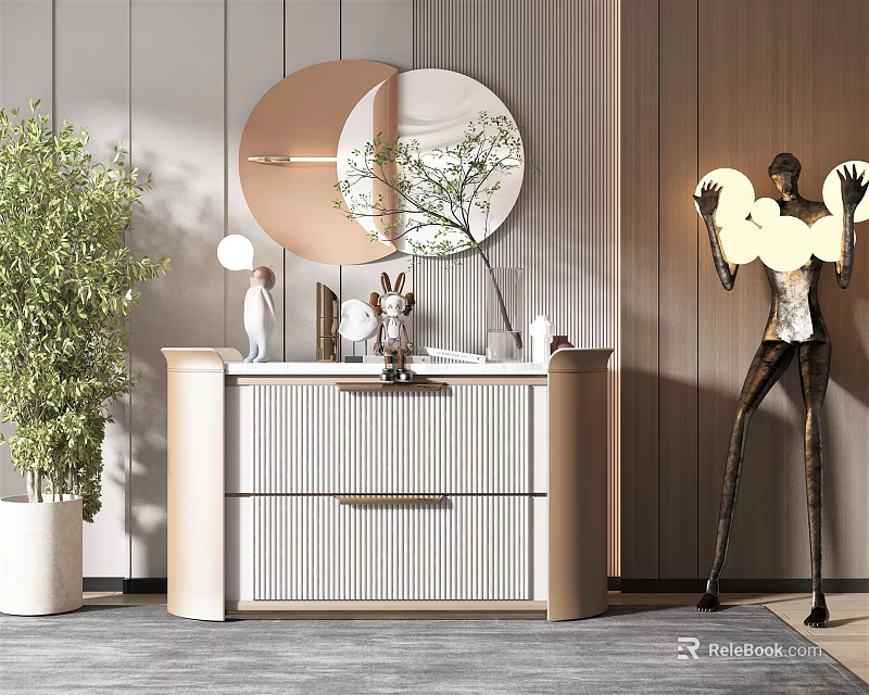 Modern Entryway Cabinet And Side Console With Round Mirror Green Plant Sculptures And Drawers 3d model 