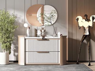 Modern Entryway Cabinet And Side Console With Round Mirror Green Plant Sculptures And Drawers 3d model