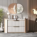 Modern Entryway Cabinet And Side Console With Round Mirror Green Plant Sculptures And Drawers