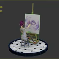 Girl Painting Purple Flower On Easel With Black And White Checkered Base