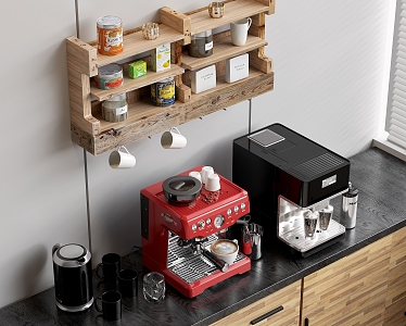 Coffee Machine Bean Grinder Straight Drink Machine Pot Kettle Cup Coffee Cup Coffee Bean Tea Bag Kitchen Supplies Solid Wood Cabinet Solid Wood Storage Rack 3d model