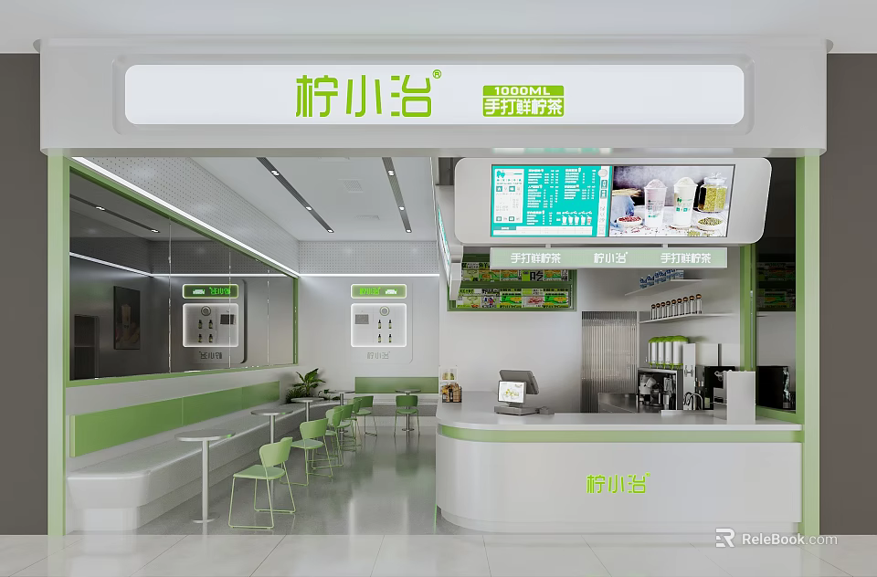 Modern Bubble Tea Shop Interior With Green White Decor Tables Chairs And Menu Screen 3d model 