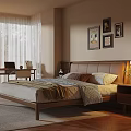 Cozy Bedroom Interior With Wooden Bed Nightstand Desk Laptop Curtains And Wall Art Paintings