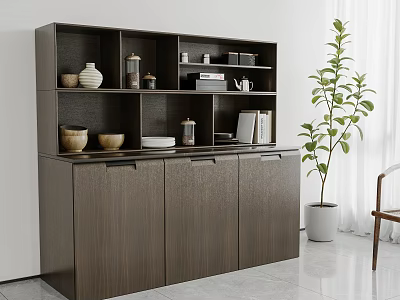 Dark Brown Modern Sideboard with Shelves Cabinets and Decorative Vases Jars Books Near Plant 3d model