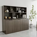 Dark Brown Modern Sideboard with Shelves Cabinets and Decorative Vases Jars Books Near Plant