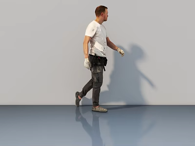 Man In White T-Shirt Dark Pants With White Gloves Toolbelt Walking On Smooth Light Floor 3d model