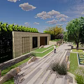 Serene Garden Landscape With Stone Pathway Lush Greenery Colorful Flowers And Visitor Walking