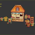 Wooden Fruit Stand with Orange Roof Awning and Baskets of Fresh Apples Oranges