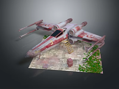 X Wing Starfighter Model With Red White Weathered Paint On Brick Base And Green Plants 3d model