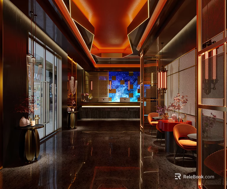 Modern Shop Front Desk With Unique Ceiling Design Orange Seats And Decorative Lighting 3d model 