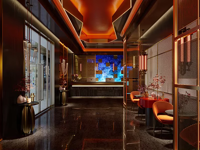 Modern Shop Front Desk With Unique Ceiling Design Orange Seats And Decorative Lighting 3d model