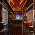 Modern Shop Front Desk With Unique Ceiling Design Orange Seats And Decorative Lighting