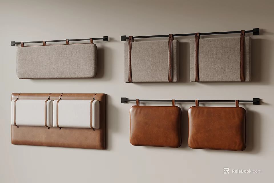 Wall Mounted Fabric And Leather Cushions On Metal Rods Against Neutral Wall 3d model 