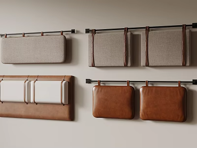Wall Mounted Fabric And Leather Cushions On Metal Rods Against Neutral Wall 3d model