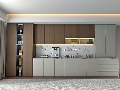 Sleek Modern Sideboard Design With Wooden Cabinets Marble Countertop Open Shelves And Coffee Machine 3d model