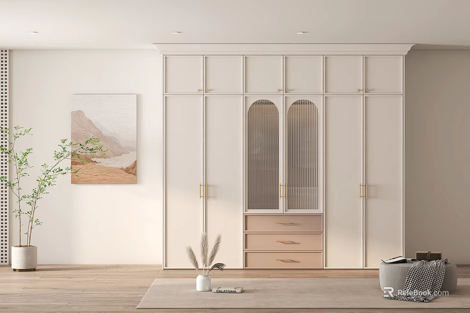 Modern White Wardrobe Interior with Glass Panel Doors and Wooden Drawer Cabinet 3d model 