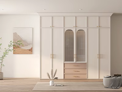 Modern White Wardrobe Interior with Glass Panel Doors and Wooden Drawer Cabinet 3d model