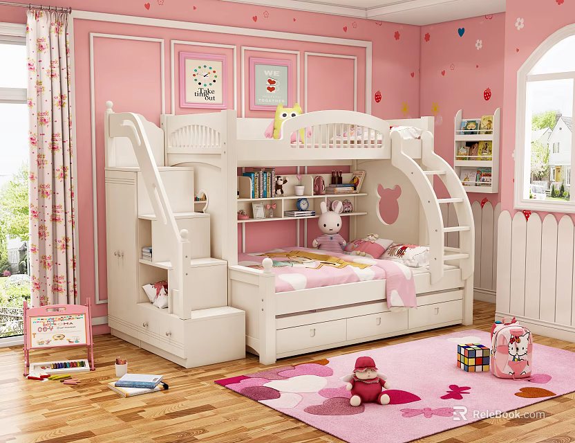 Pink Kids Bedroom Bunk Bed With Stairs Drawers Bookshelf And Toys Rug 3d model 