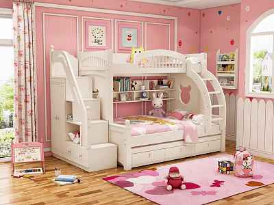 Pink Kids Bedroom Bunk Bed With Stairs Drawers Bookshelf And Toys Rug 3d model