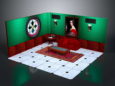 Vintage Living Room Interior With Green Walls Round Window Red Sofa Area Rug Coffee Table And Portrait 3d model
