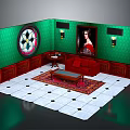 Vintage Living Room Interior With Green Walls Round Window Red Sofa Area Rug Coffee Table And Portrait