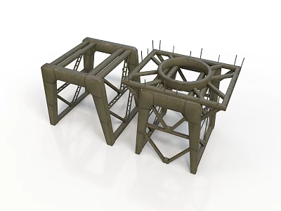 Industrial Metal Frame Equipment with Crossed Bars Circular Components and Spikes 3d model