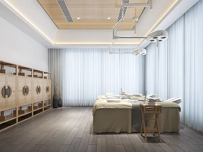 Modern Serene SPA Sauna Interior With Wooden Ceiling Massage Tables Lockers Curtains And Natural Light 3d model