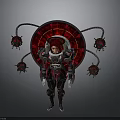Futuristic Female Character In Tech Suit With Red Circular Device And Mechanical Arms