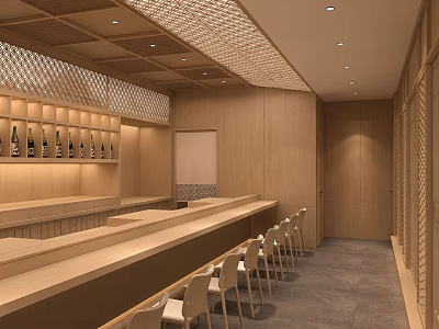 Japanese Style Restaurant With Wooden Bar Counter Wine Rack High Chairs And Lattice Ceiling 3d model