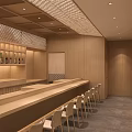 Japanese Style Restaurant With Wooden Bar Counter Wine Rack High Chairs And Lattice Ceiling