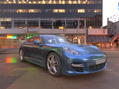 Blue Sports Car Parked On City Street With Tall Buildings And Evening Lights 3d model