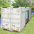 Arctic White Container Building with Glass Door Surrounded by Green Grass Trees and Purple Flowers
