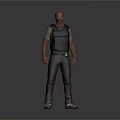 Bald Man Wearing Sunglasses Tactical Vest Khaki Shirt And Dark Pants Standing In Gray Sneakers