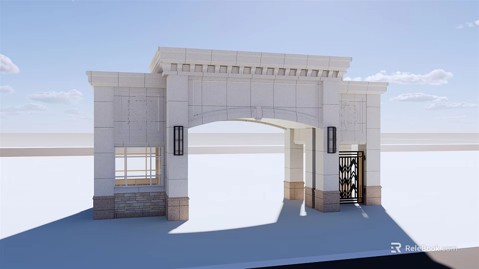White Stone Entrance Gate With Classical Arched Design And Black Iron Door 3d model 