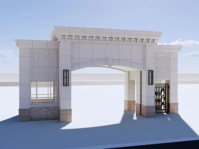 White Stone Entrance Gate With Classical Arched Design And Black Iron Door 3d model