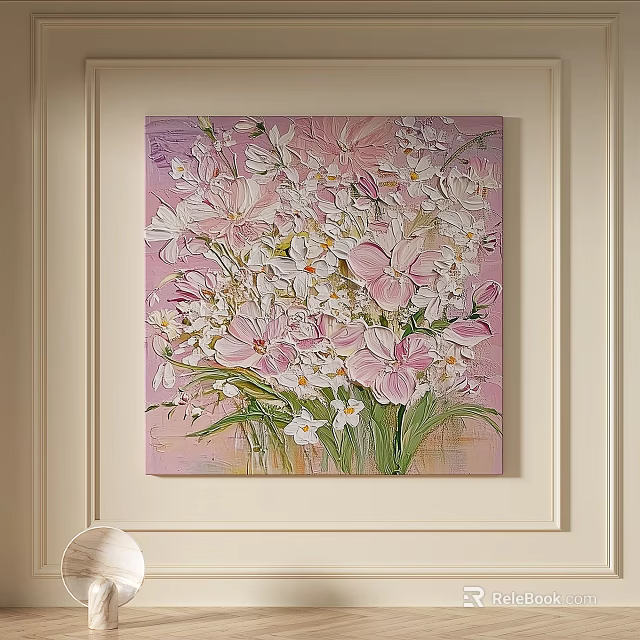 Oil Painting With Textured Pink White Flowers Green Stems On Lavender Background 3d model 