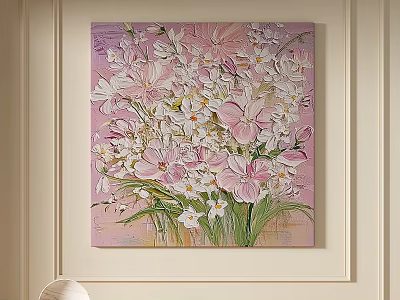 Oil Painting With Textured Pink White Flowers Green Stems On Lavender Background 3d model