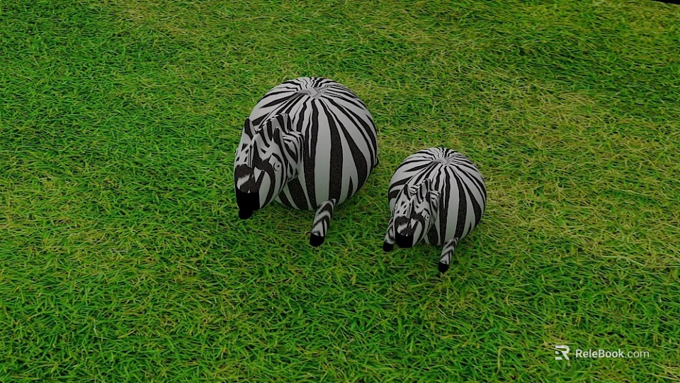 Two Cute Zebra Plush Dolls Lying On Green Grass Surface 3d model 