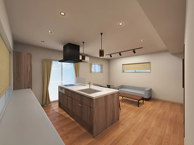 Modern Apartment Open Kitchen With Wooden Cabinets Island Counter And Pendant Lights 3d model