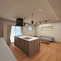 Modern Apartment Open Kitchen With Wooden Cabinets Island Counter And Pendant Lights