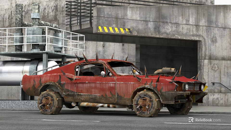 Rusty Red Worn Out Car With Spiked Decorations In Industrial Concrete Structure 3d model 