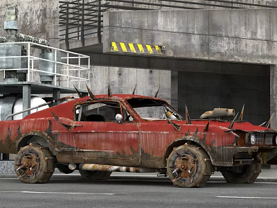 Rusty Red Worn Out Car With Spiked Decorations In Industrial Concrete Structure 3d model