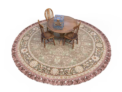 Round Fringed Area Rug With Wooden Table Blue Box And Three Chairs 3d model
