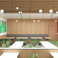 Fast Food Restaurant Interior With Wooden Ceiling Pendant Lights Food Posters Green Chairs White Tables