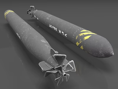 Two Gray Military Missiles Featuring Yellow Stripes And Tail Propeller Structures 3d model